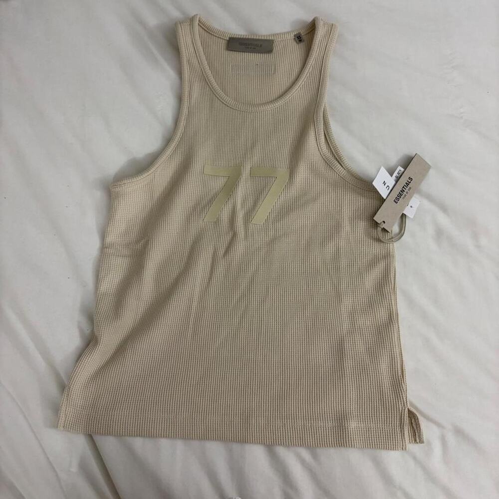 NWT Essentials Cream Ribbed 77 Graphic Tank Top Size XS